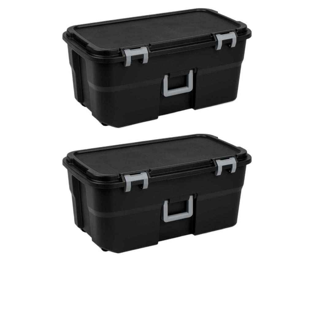 2 Pack 22 Gallon Black Wheeled Lockable Plastic Storage Trunk J811559
