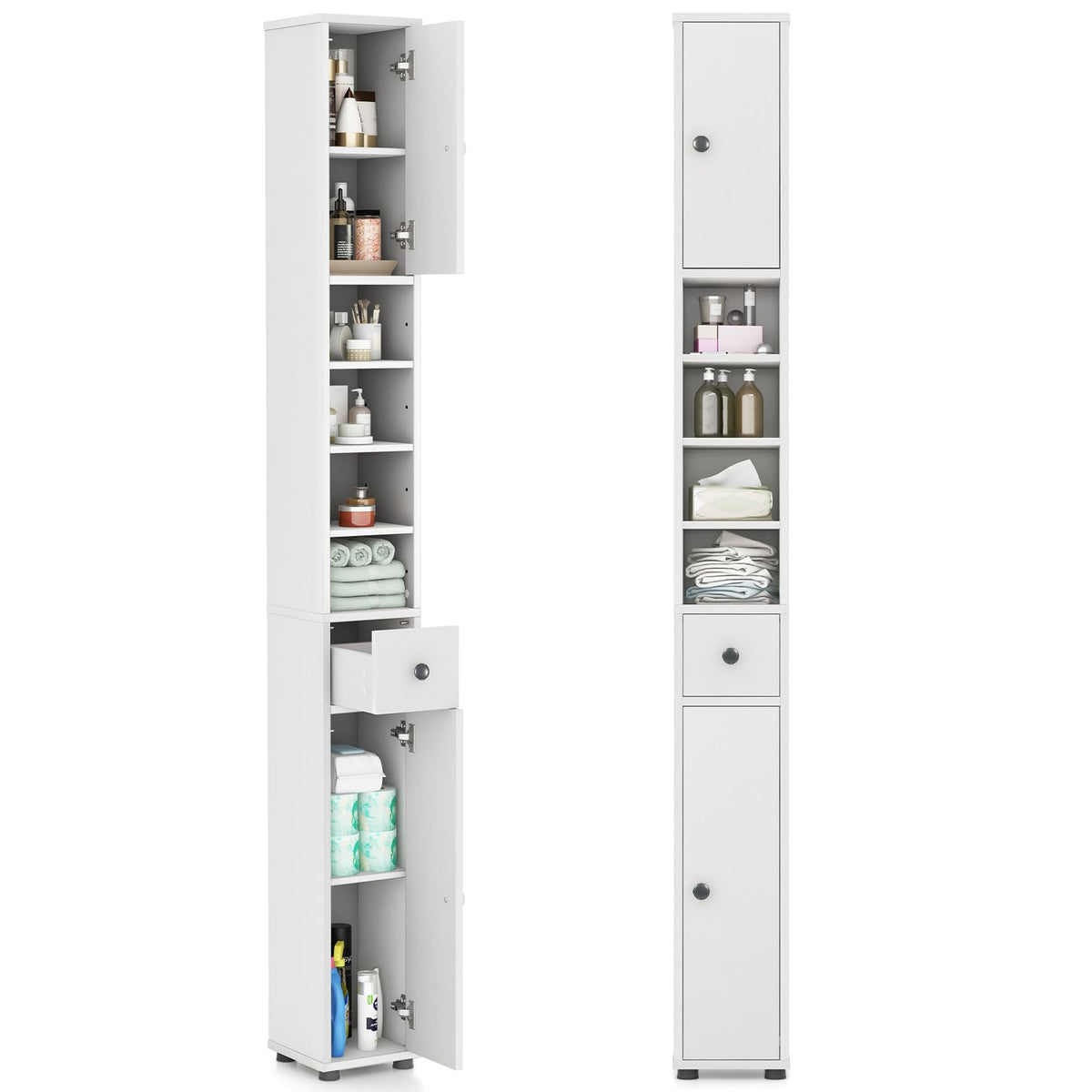 White Tall Slim Bathroom Storage Cabinet with 2 Doors 1 Drawer Q411436