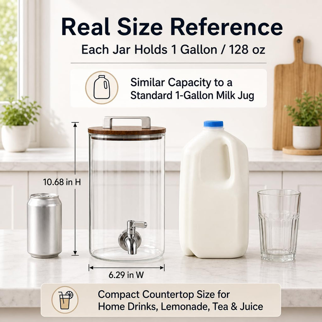 2 Pack 1 Gallon Glass Drink Dispensers with Acacia Wood Stand C762
