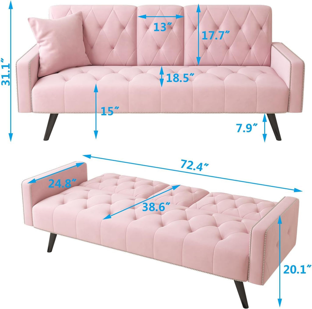 Pink Velvet Futon Couch Bed with Cup Holder G954048