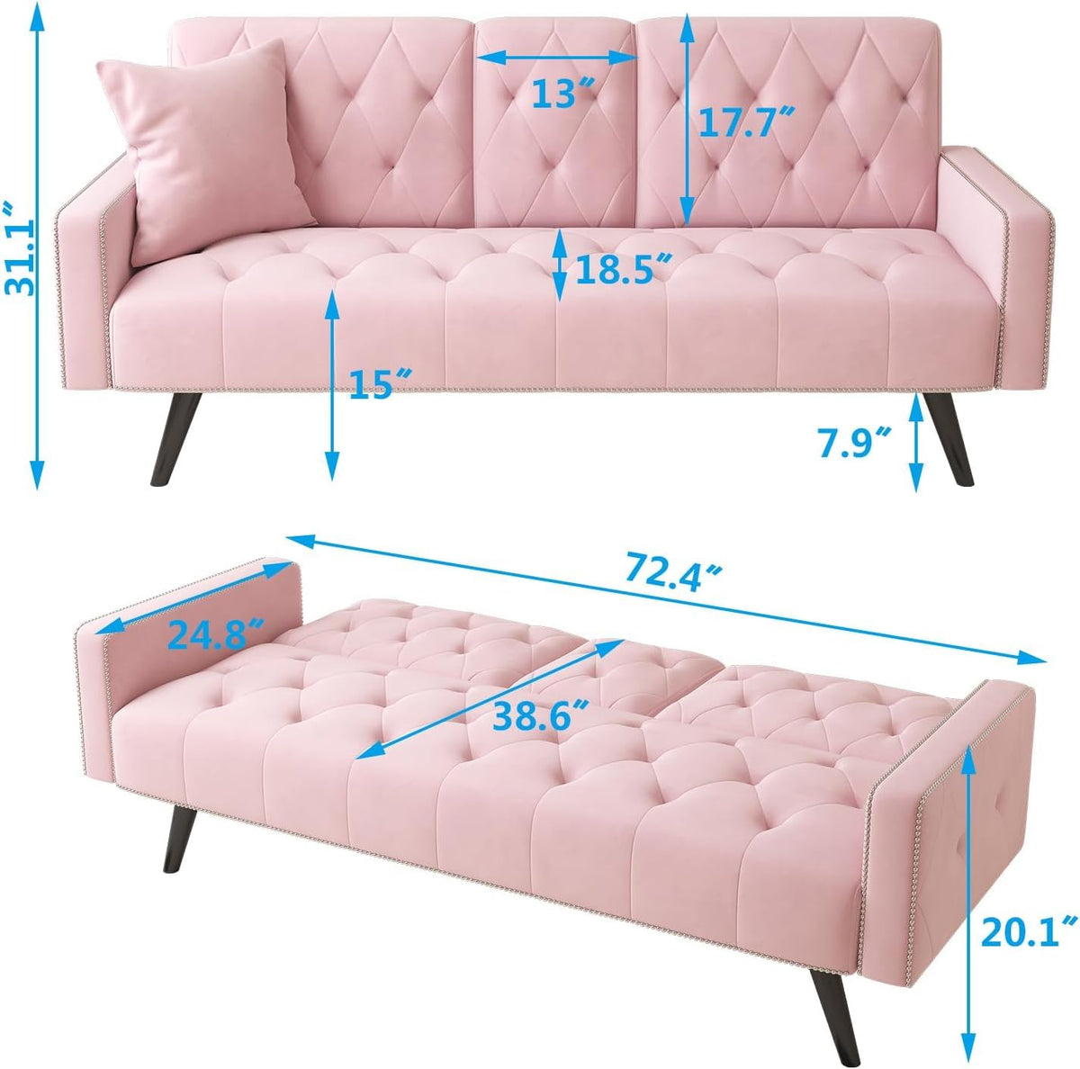 Pink Velvet Futon Couch Bed with Cup Holder G954048