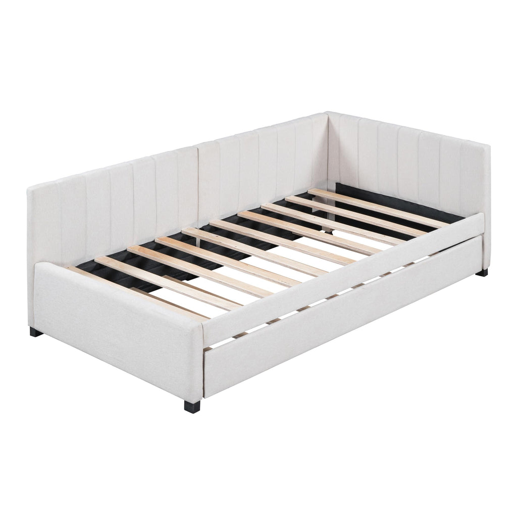Beige Linen Twin Size Upholstered Daybed with Trundle Y34839