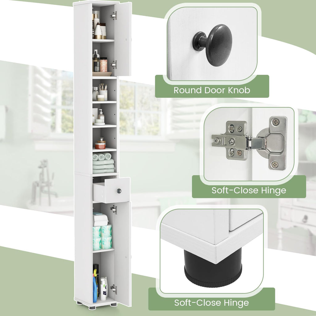 White Tall Slim Bathroom Storage Cabinet with 2 Doors 1 Drawer Q411436