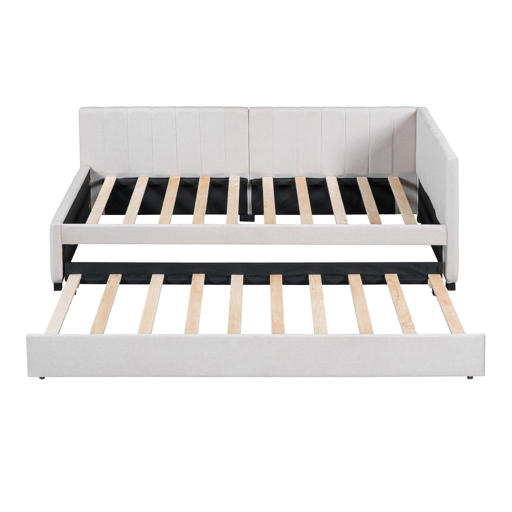 Beige Linen Twin Size Upholstered Daybed with Trundle Y34839