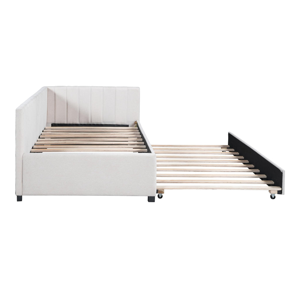 Beige Linen Twin Size Upholstered Daybed with Trundle Y34839
