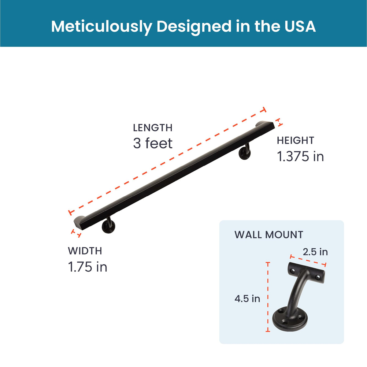 Aluminum Handrail Kit with Wall Mount Brackets, Black Textured, 3' Length M32994