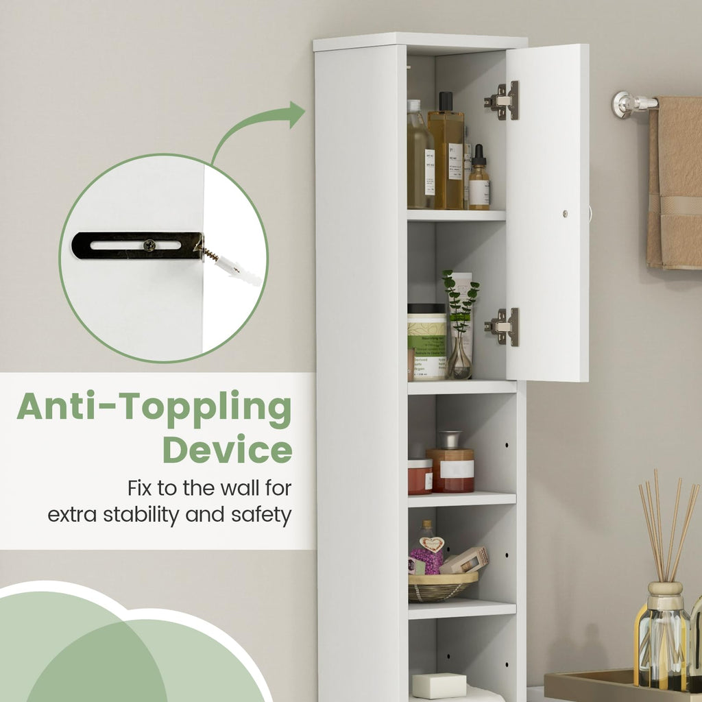 White Tall Slim Bathroom Storage Cabinet with 2 Doors 1 Drawer Q411436