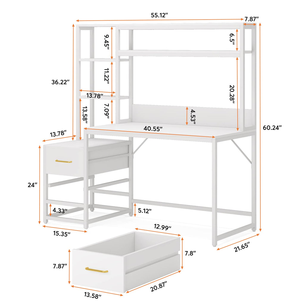 55 Inch Computer Desk with 2 Drawers and Storage Shelves D149