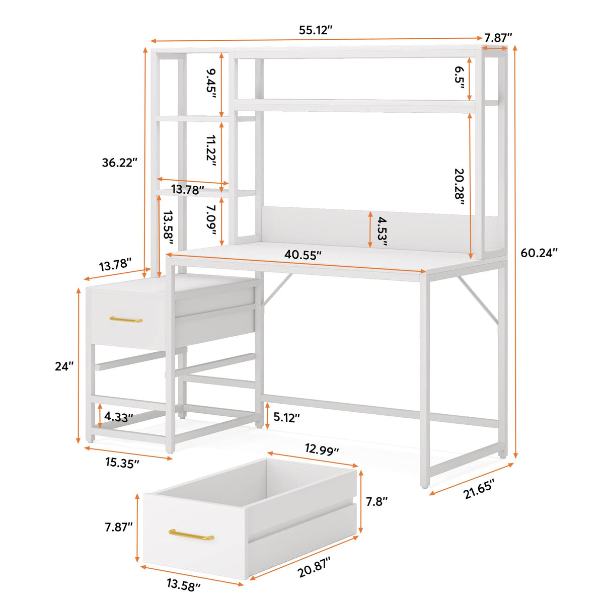 55 Inch Computer Desk with 2 Drawers and Storage Shelves D149