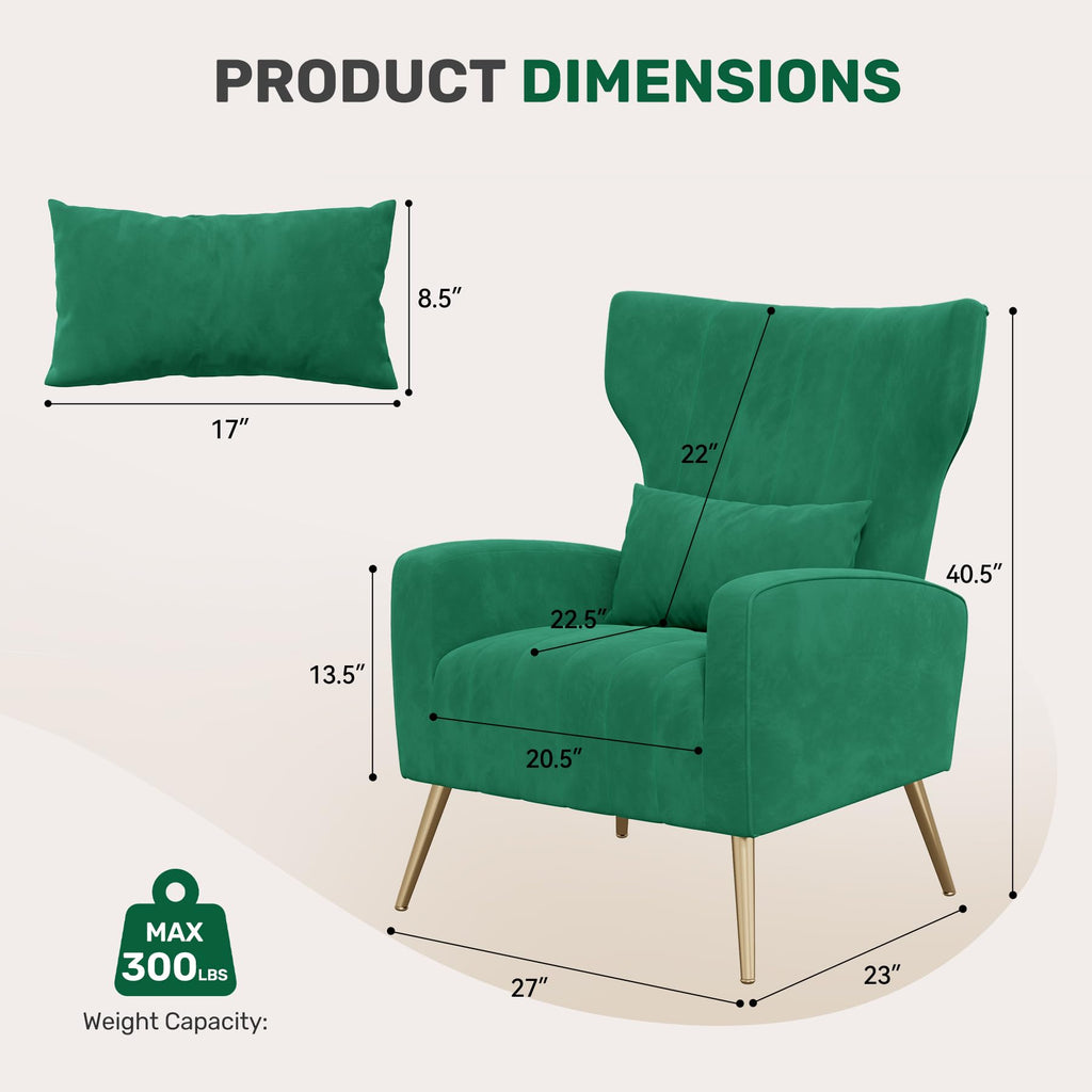 Velvet Accent Chairs Set of 2 High Back Armchair with Lumbar Pillow Green V1676