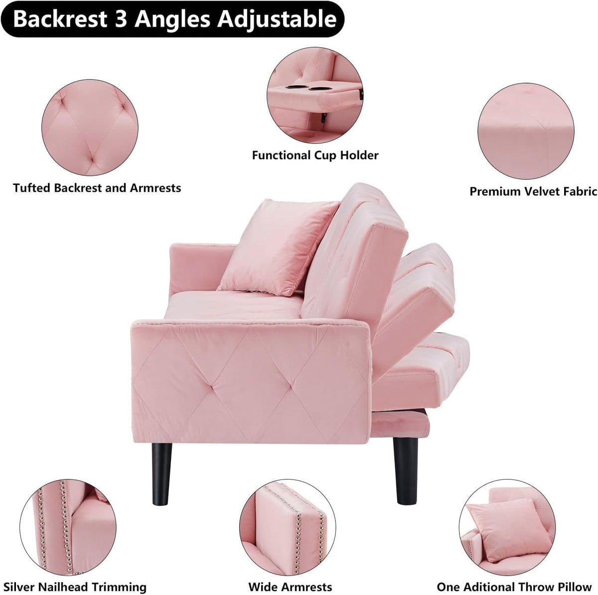 Pink Velvet Futon Couch Bed with Cup Holder G954048
