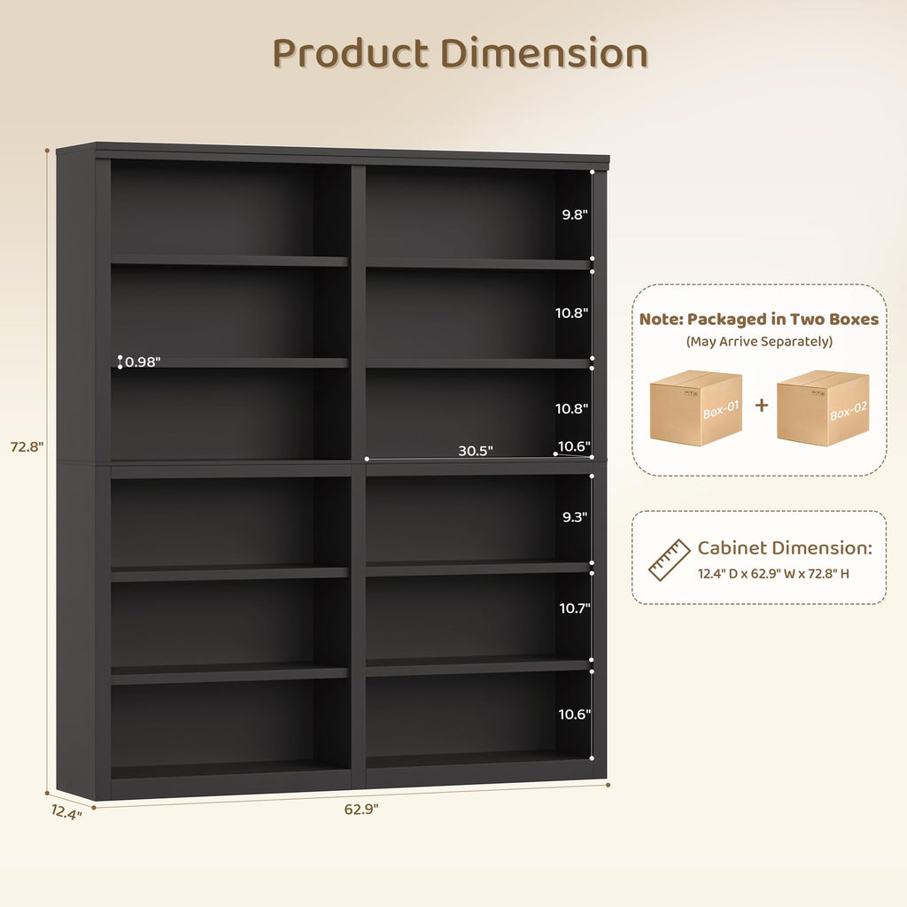 73" Tall Black 6-Tier Double Wide Bookshelf M269499