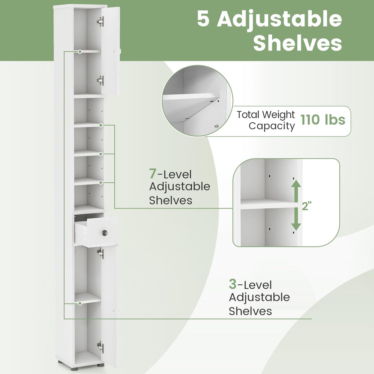 White Tall Slim Bathroom Storage Cabinet with 2 Doors 1 Drawer Q411436