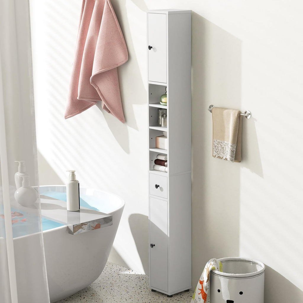 White Tall Slim Bathroom Storage Cabinet with 2 Doors 1 Drawer Q411436
