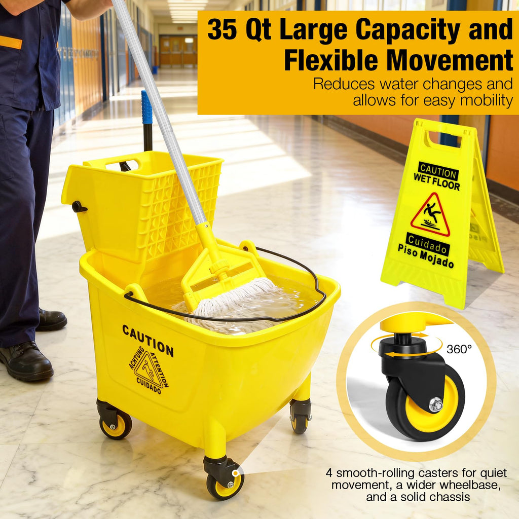 Yellow 35Qt Mop Bucket with Side Press Wringer on Wheels H804