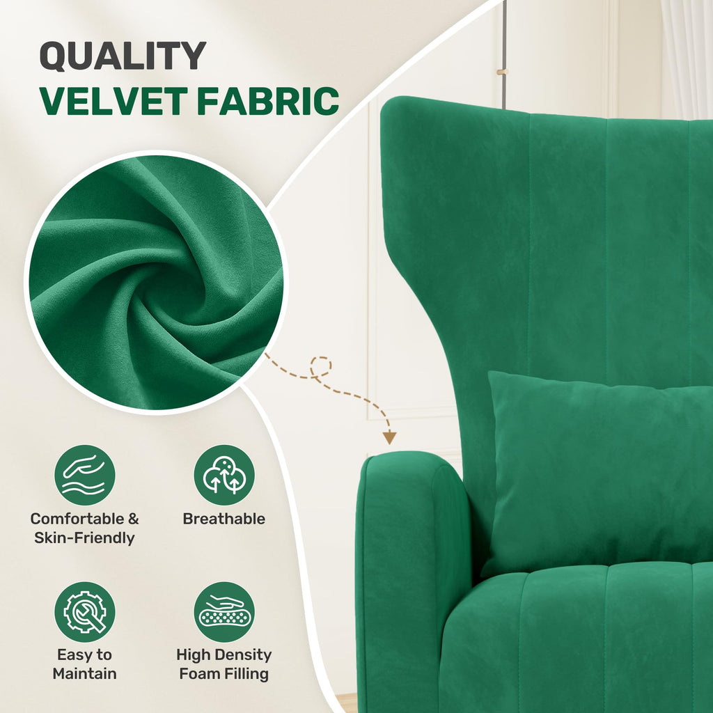 Velvet Accent Chairs Set of 2 High Back Armchair with Lumbar Pillow Green V1676
