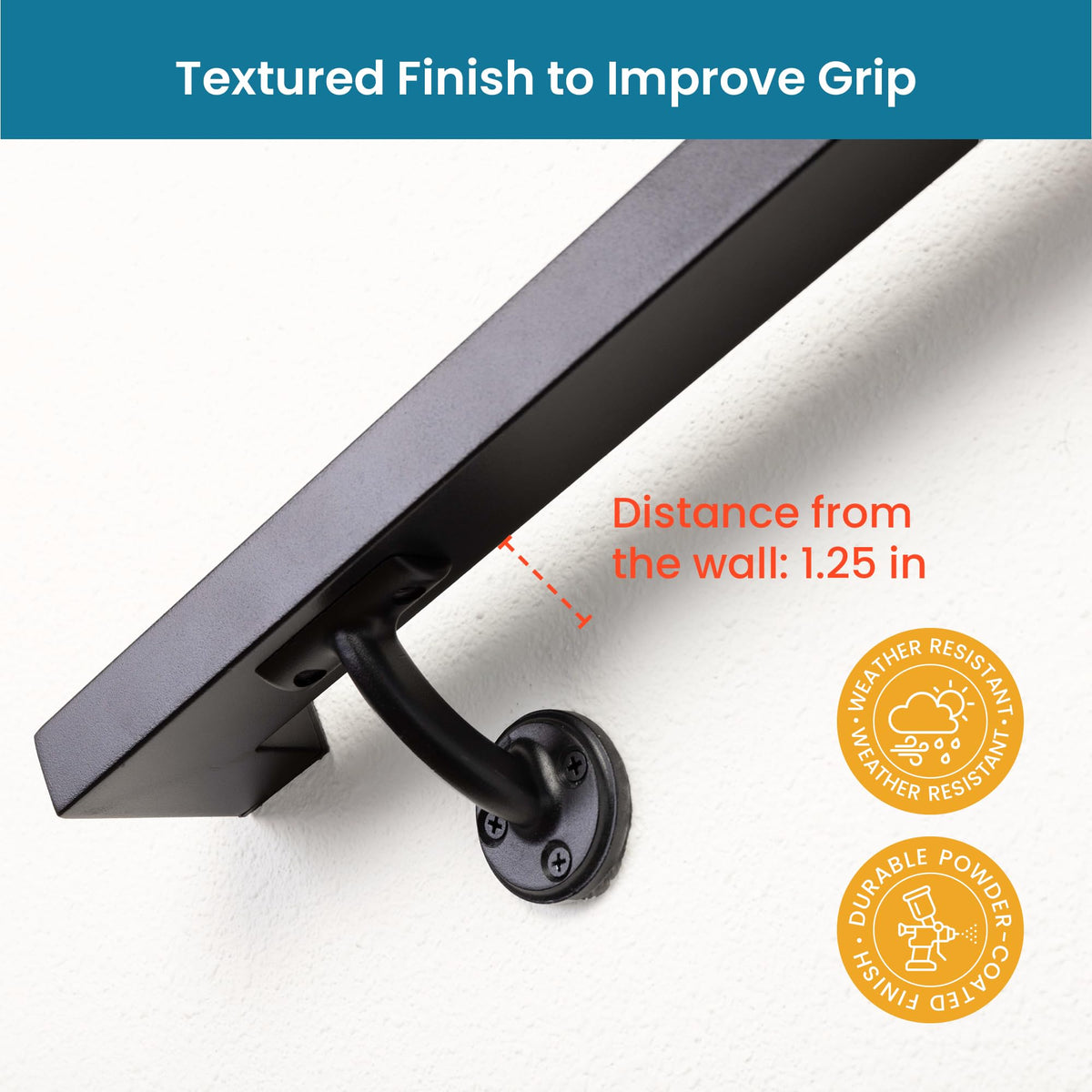 Aluminum Handrail Kit with Wall Mount Brackets, Black Textured, 3' Length M32994
