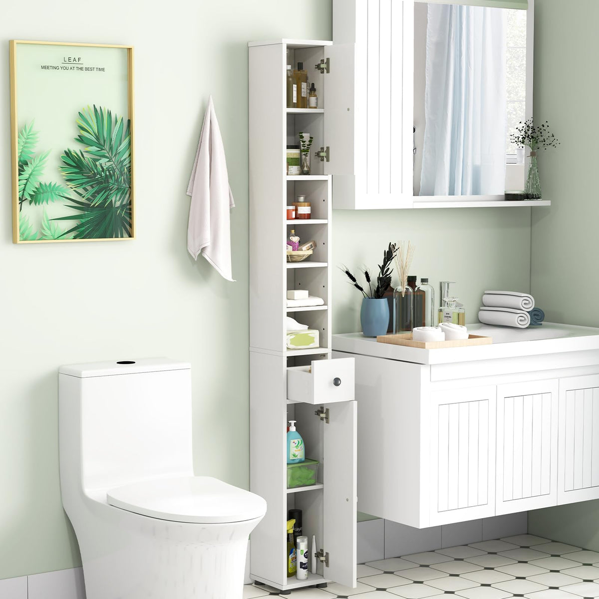 White Tall Slim Bathroom Storage Cabinet with 2 Doors 1 Drawer Q411436