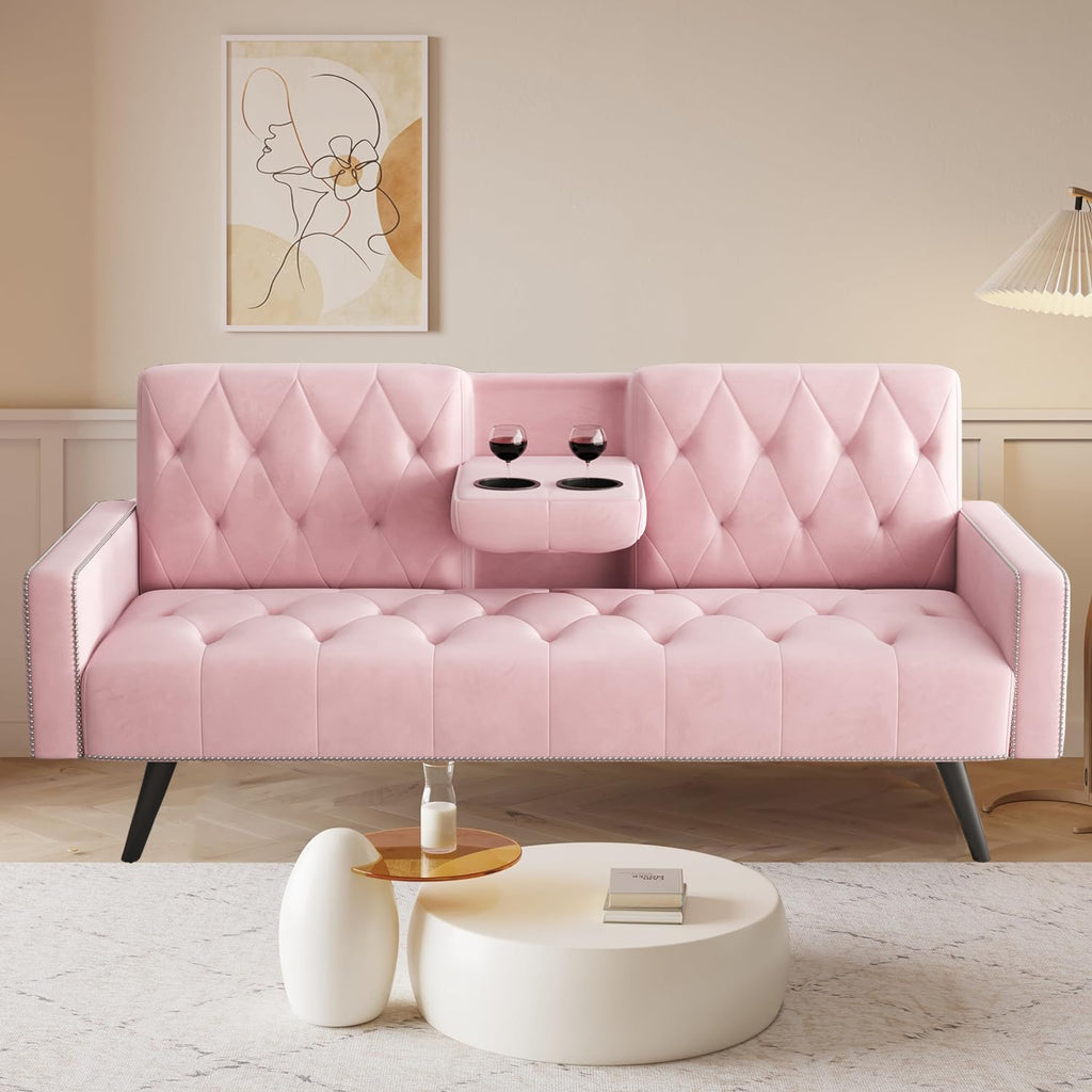 Pink Velvet Futon Couch Bed with Cup Holder G954048