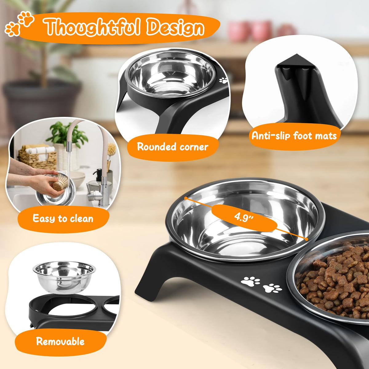 Elevated Dog Bowls with 5” Stainless Steel Bowls Black B98832