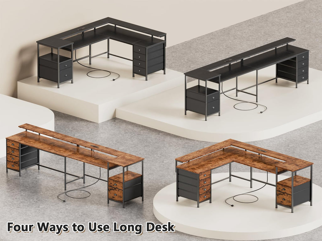 66'' L Shaped Gaming Desk with 6 Drawers, LED, Outlets, Black Q383540
