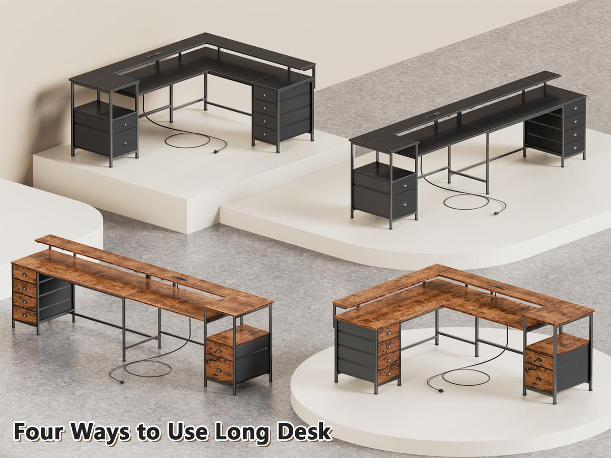 66'' L Shaped Gaming Desk with 6 Drawers, LED, Outlets, Black Q383540
