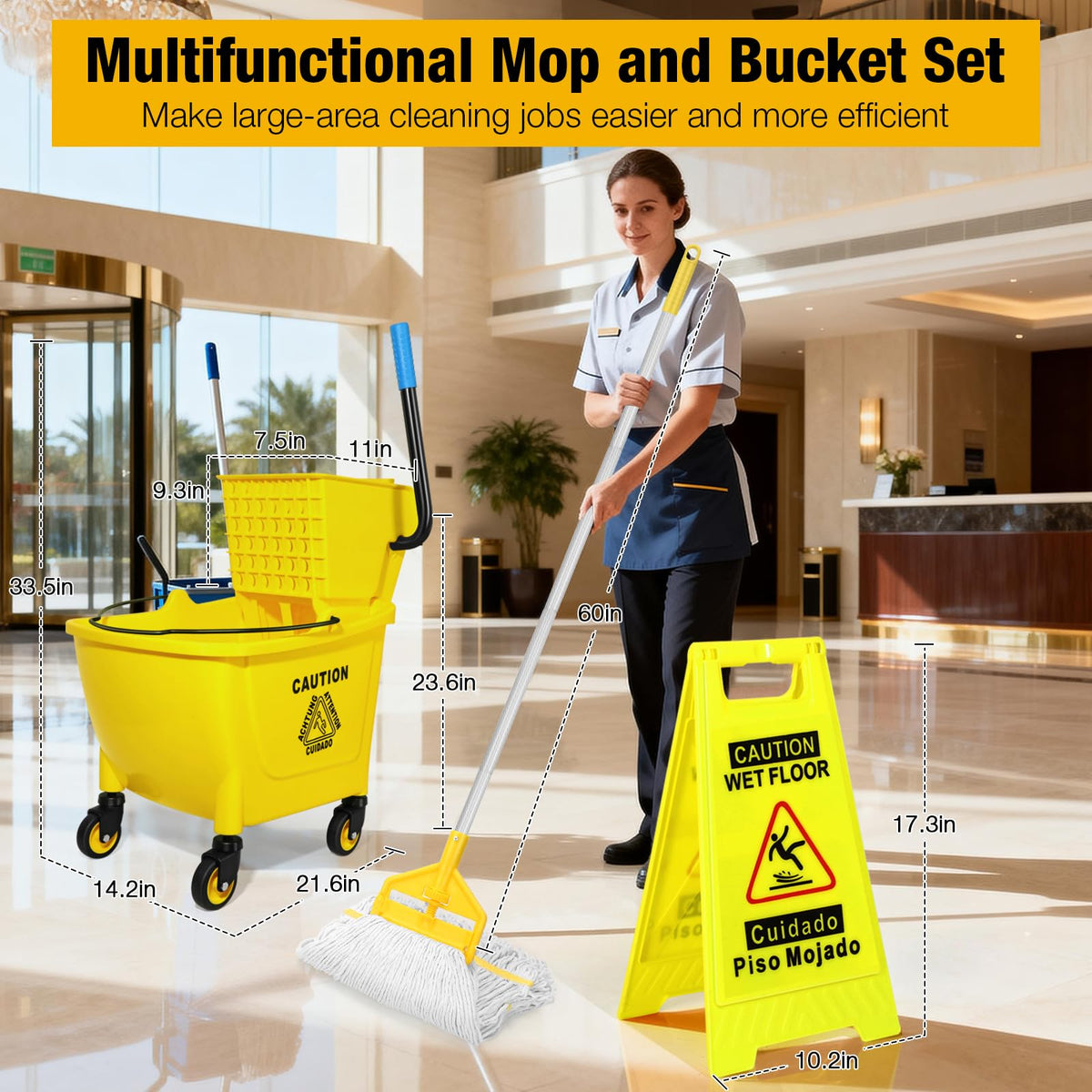 Yellow 35Qt Mop Bucket with Side Press Wringer on Wheels H804