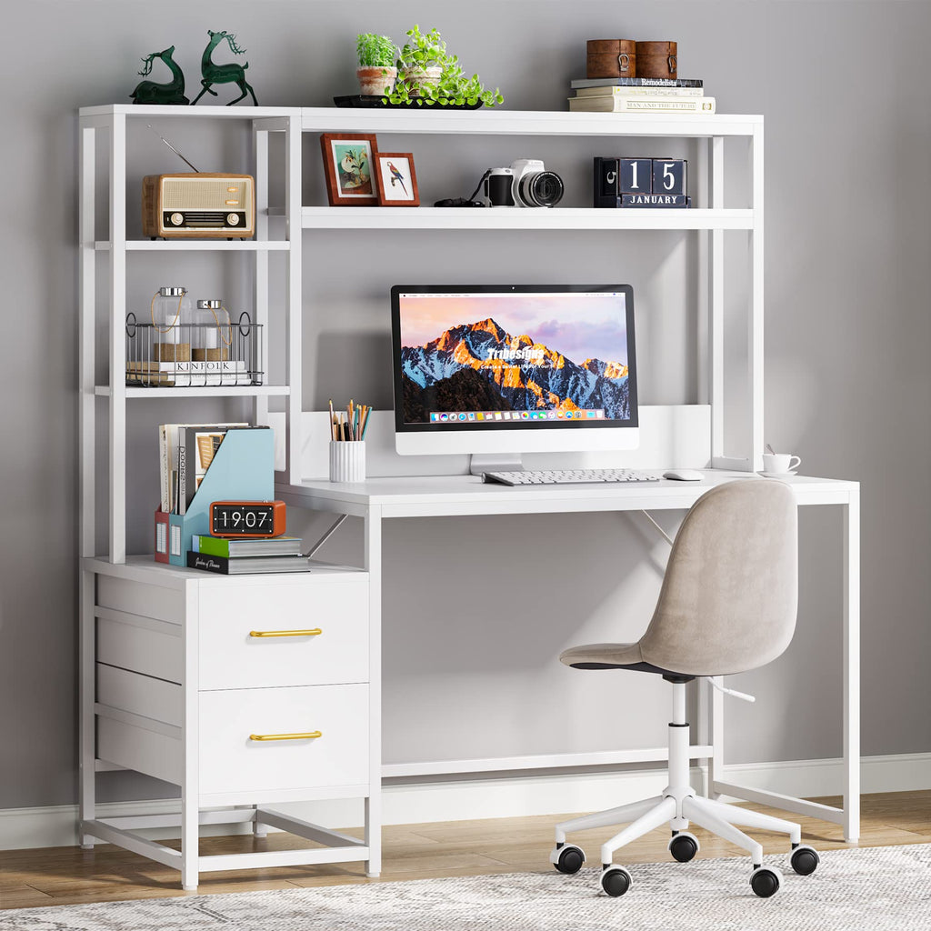 55 Inch Computer Desk with 2 Drawers and Storage Shelves D149