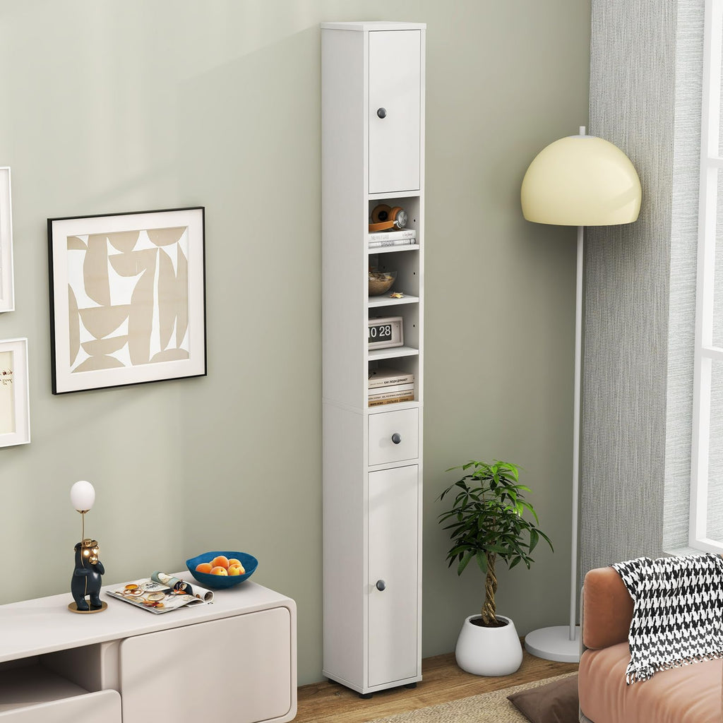 White Tall Slim Bathroom Storage Cabinet with 2 Doors 1 Drawer Q411436