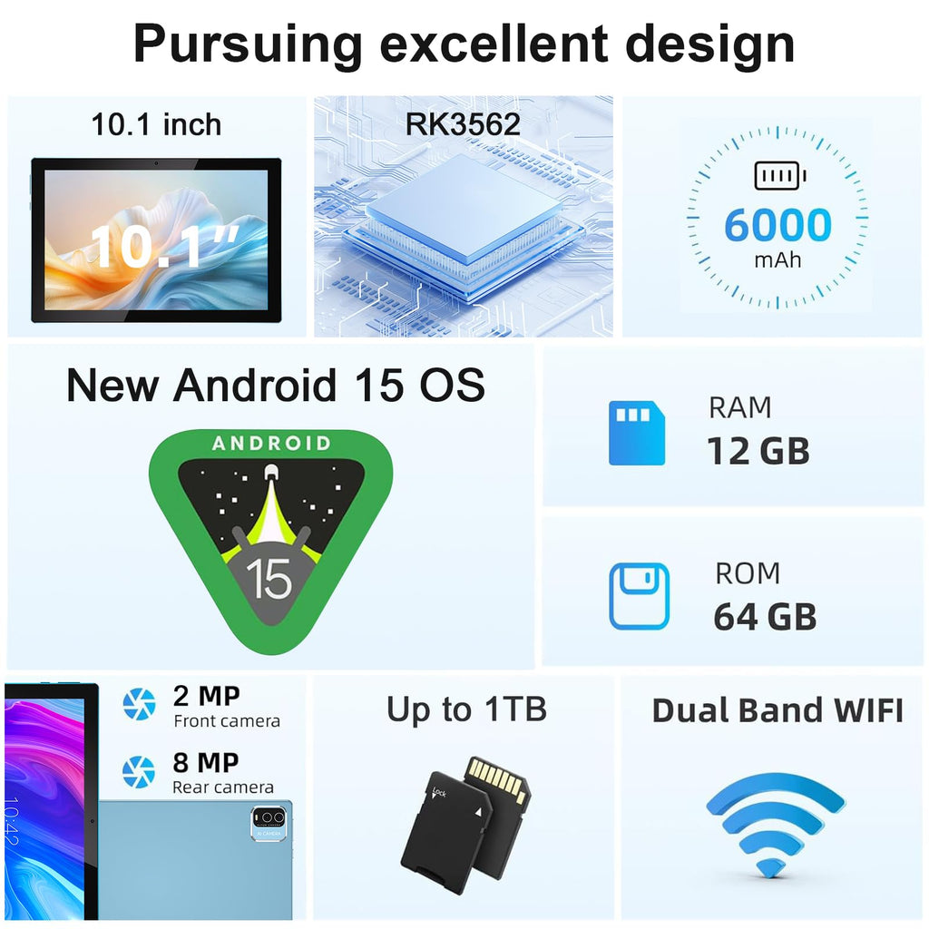 10 Inch Android Tablet 64GB 12GB RAM 6000mAh WiFi-6 V83208