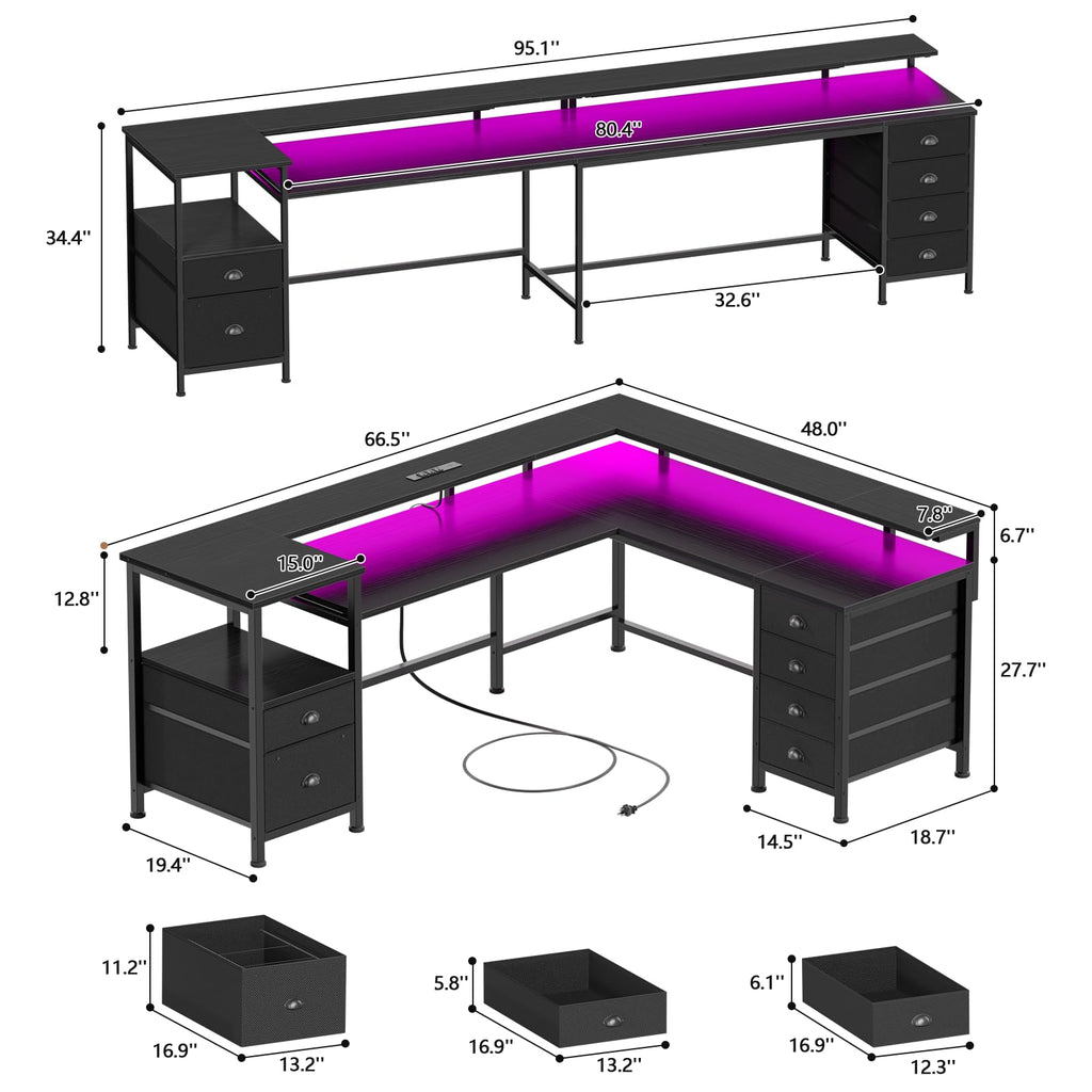 66'' L Shaped Gaming Desk with 6 Drawers, LED, Outlets, Black Q383540