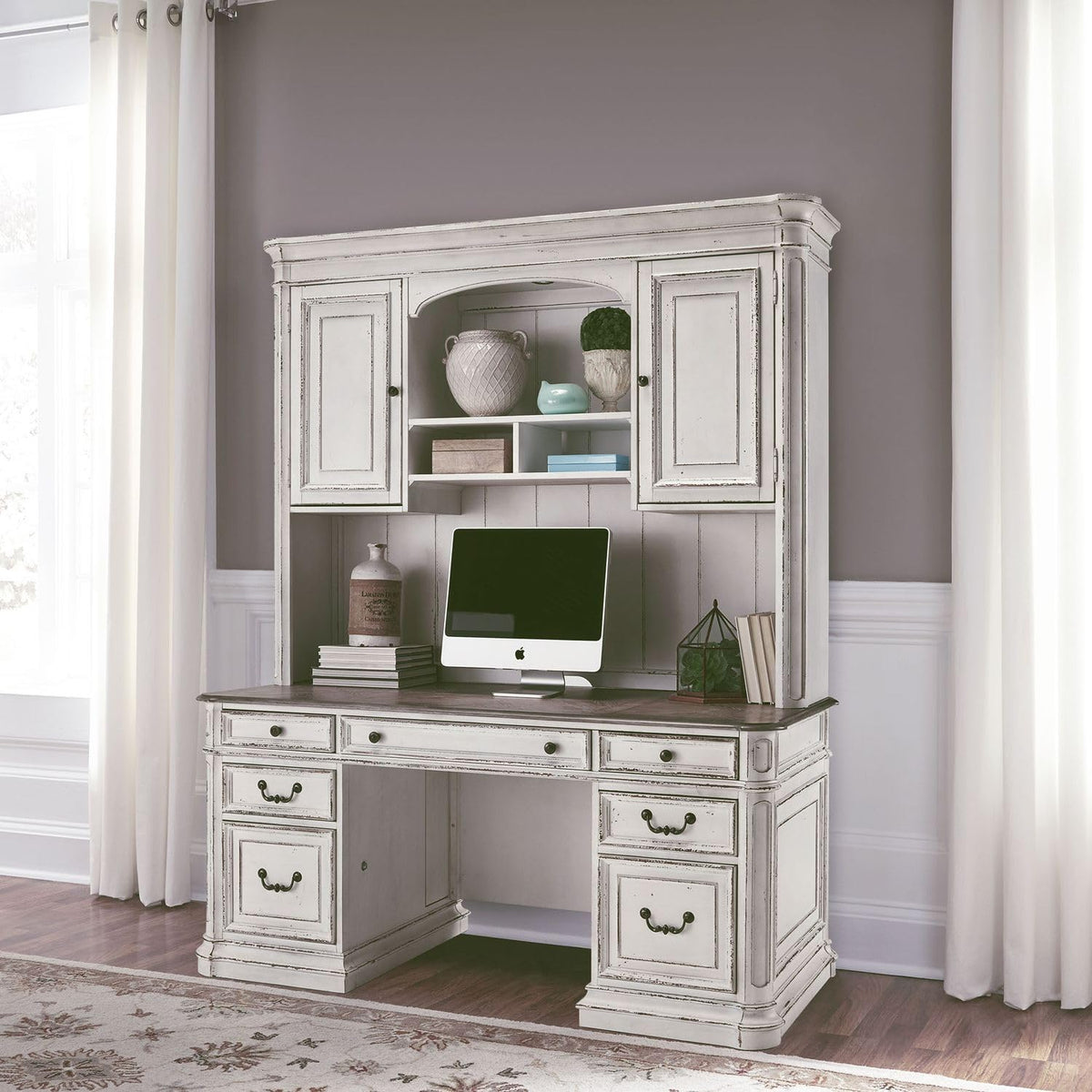 Antique White Credenza Desk & Hutch M48846