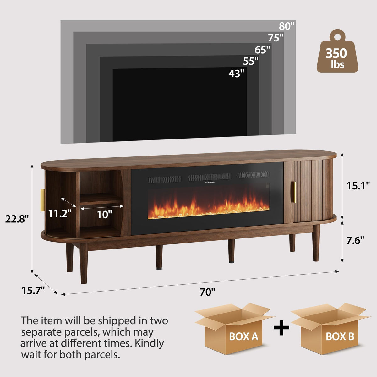 70″ Fluted Fireplace TV Stand with Sliding Tambour Doors I53548