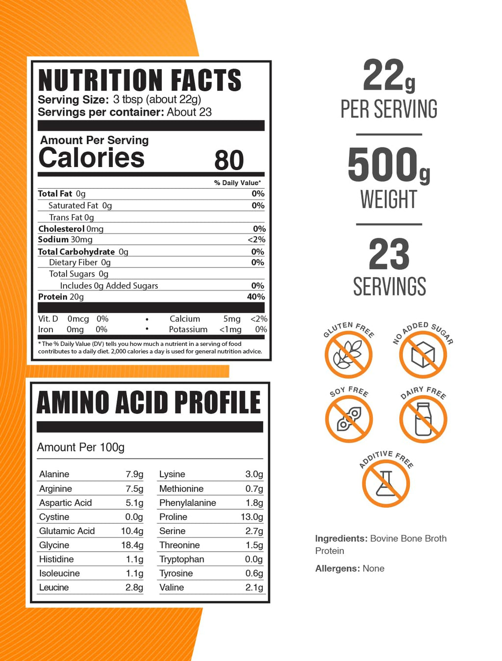 Beef Bone Broth Protein Powder, Lactose Free Dairy Free Gluten Free, 500g O3117