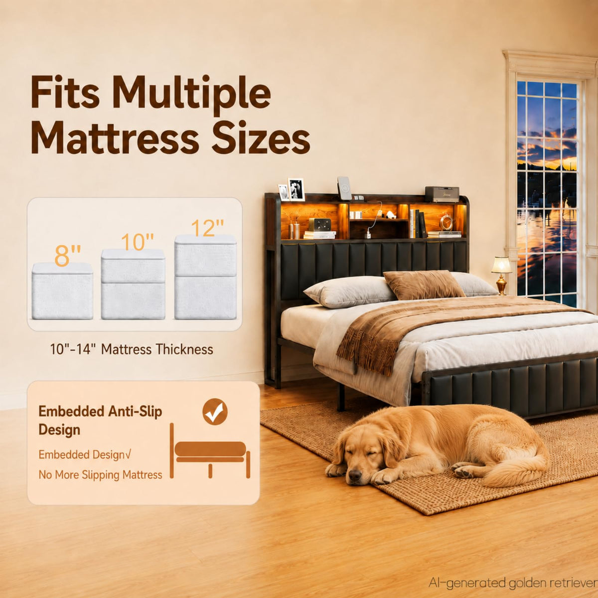 Black Full Size Bed Frame with Storage Headboard H69028