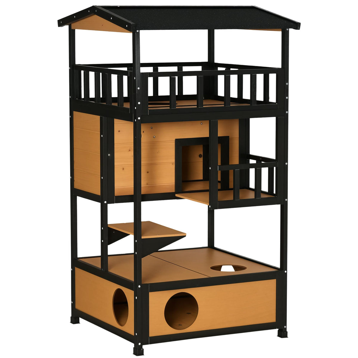 3-Story Wooden Outdoor Cat House with Raised Floor X91066