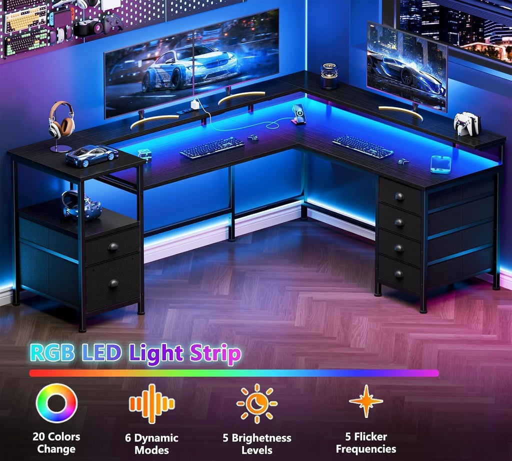 66'' L Shaped Gaming Desk with 6 Drawers, LED, Outlets, Black Q383540