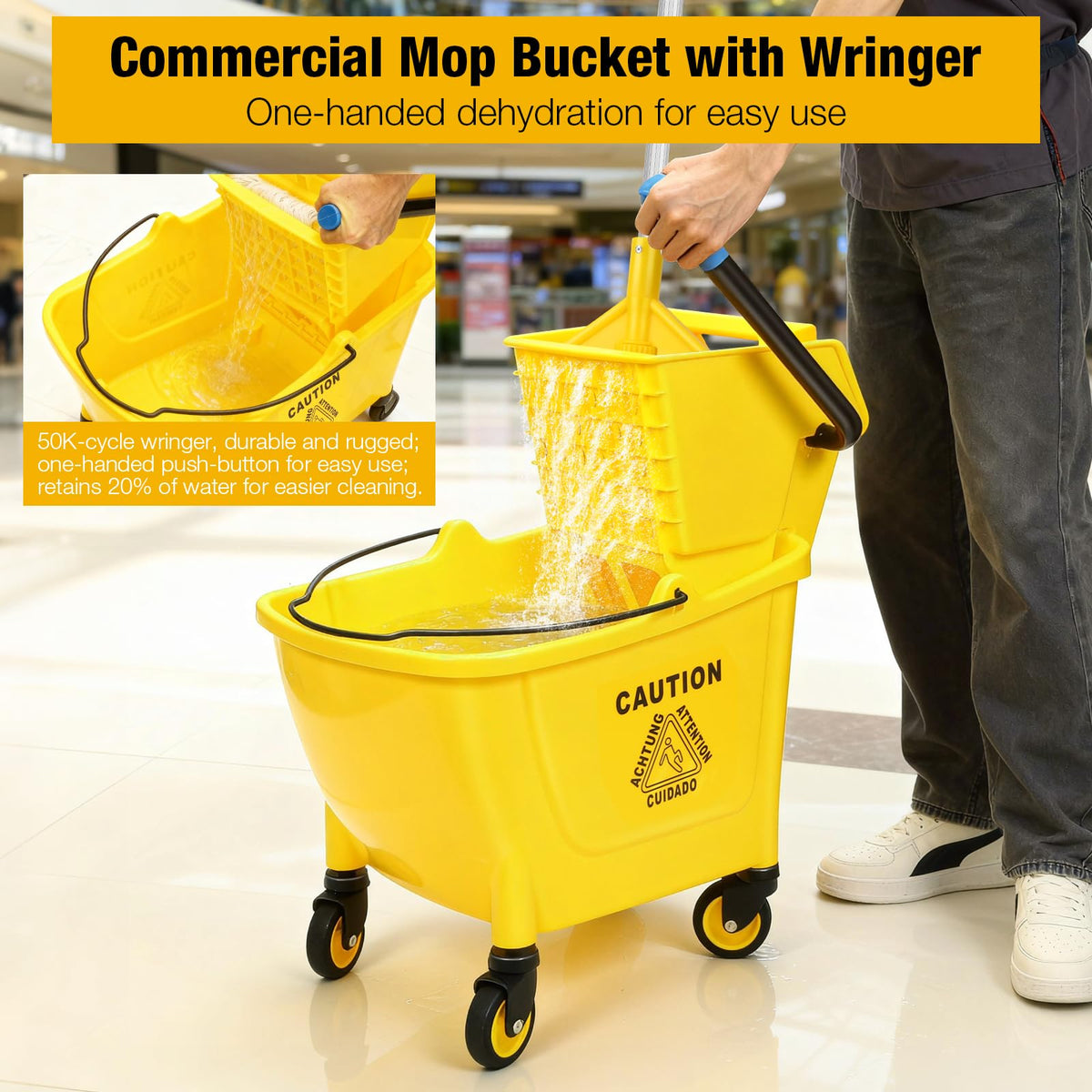 Yellow 35Qt Mop Bucket with Side Press Wringer on Wheels H804