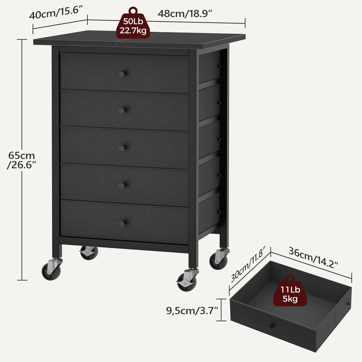 Black 5 Drawer Rolling File Cabinet with Wheels V2250