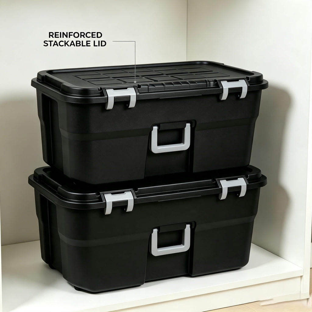 2 Pack 22 Gallon Black Wheeled Lockable Plastic Storage Trunk J811559