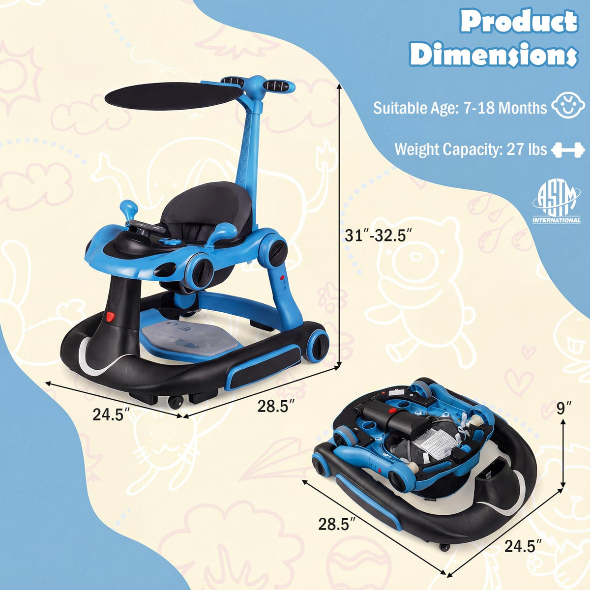 Foldable Baby Walker with Canopy and Wheels H737