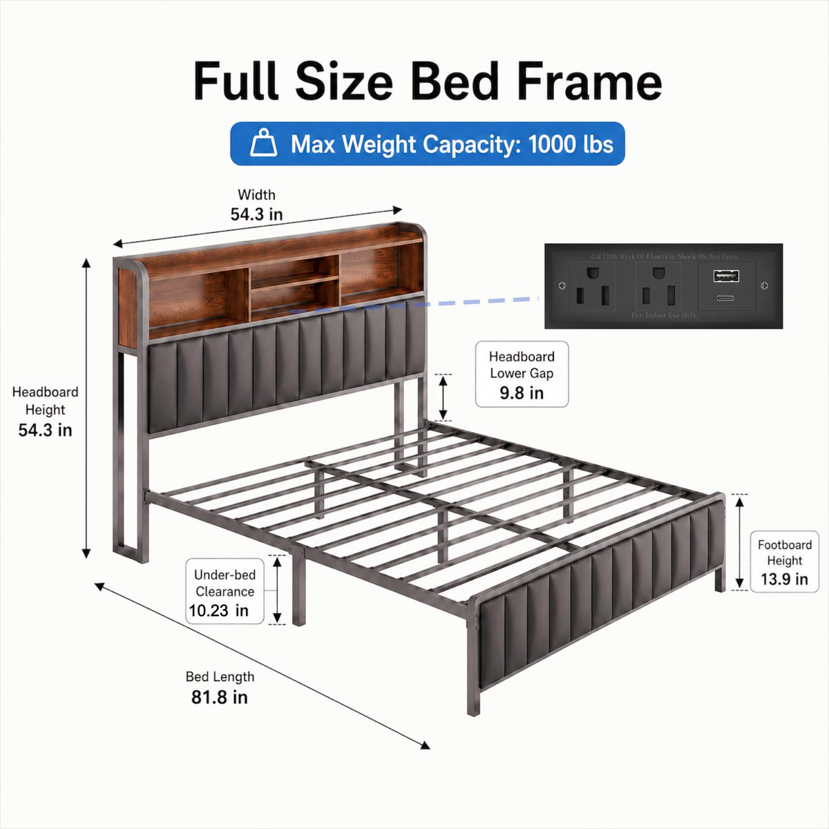 Black Full Size Bed Frame with Storage Headboard H69028