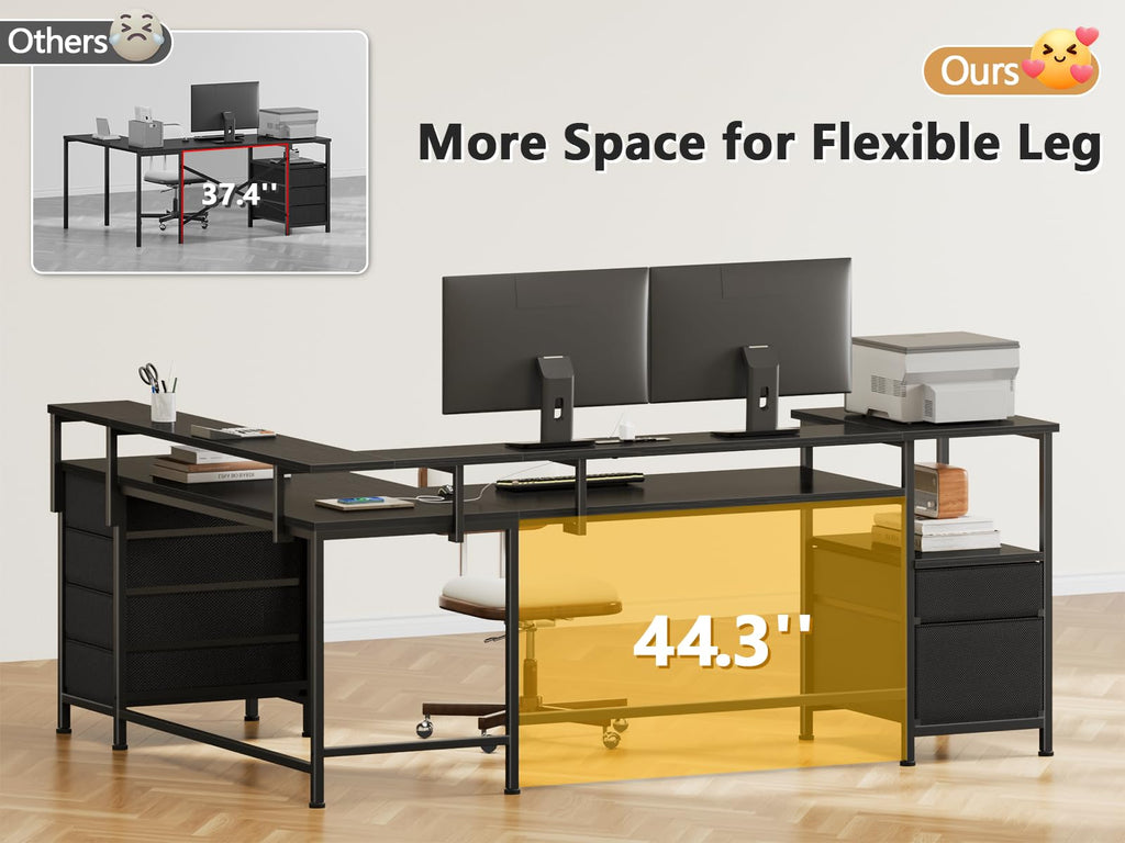 66'' L Shaped Gaming Desk with 6 Drawers, LED, Outlets, Black Q383540