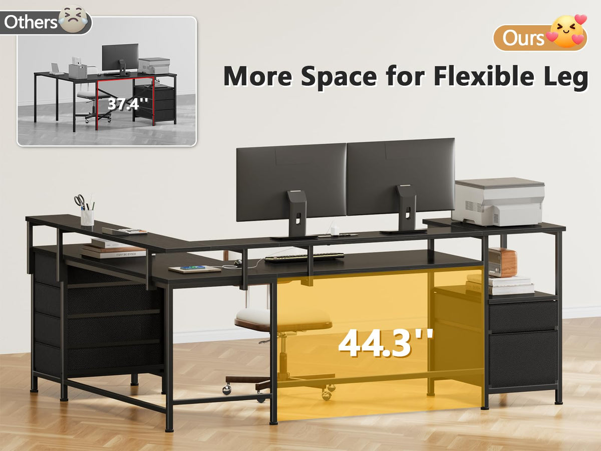 66'' L Shaped Gaming Desk with 6 Drawers, LED, Outlets, Black Q383540