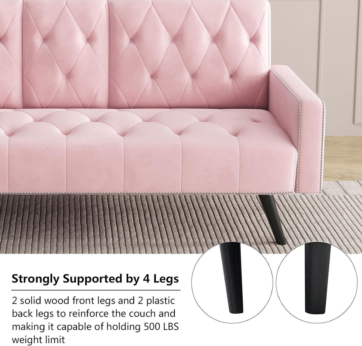 Pink Velvet Futon Couch Bed with Cup Holder G954048