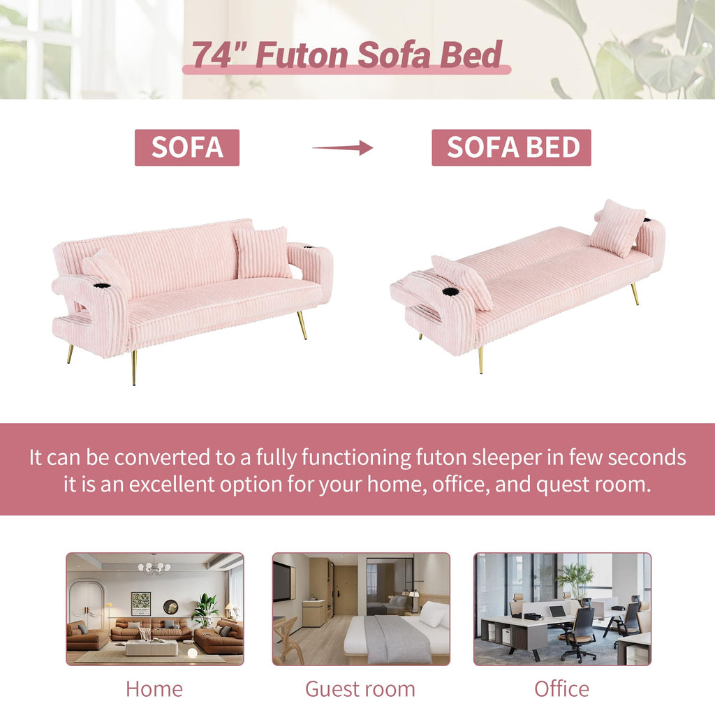 Pink Teddy Fabric Convertible Futon Sofa Bed P384762