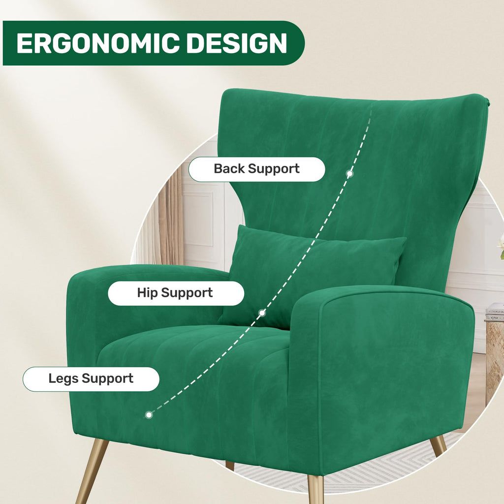 Velvet Accent Chairs Set of 2 High Back Armchair with Lumbar Pillow Green V1676