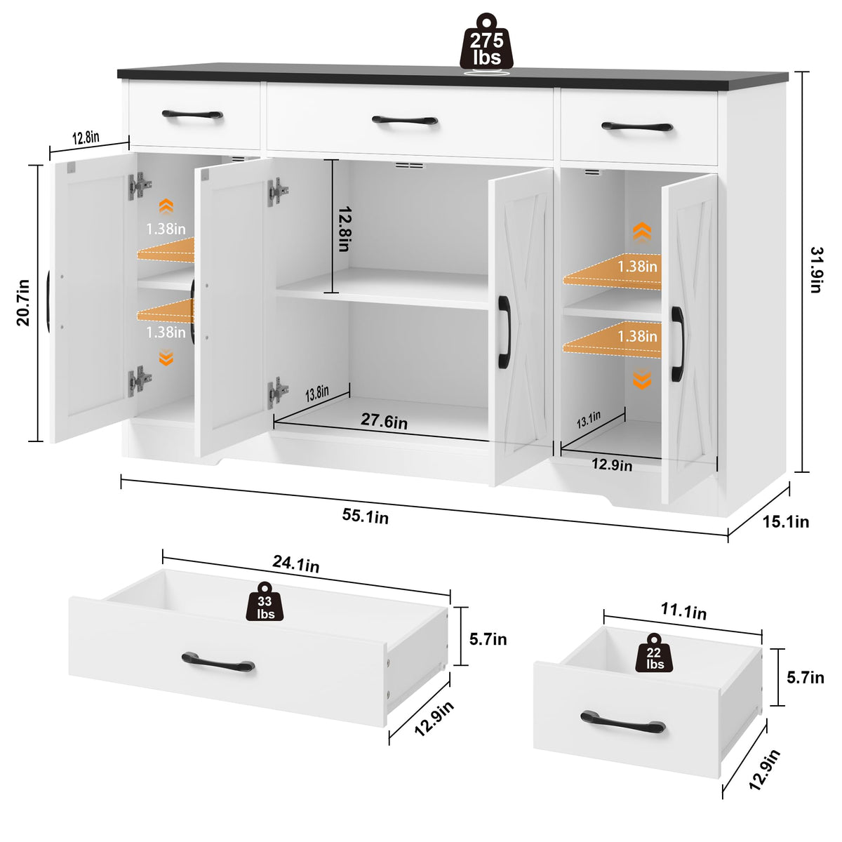 White Kitchen Buffet Sideboard Storage Cabinet Q9000