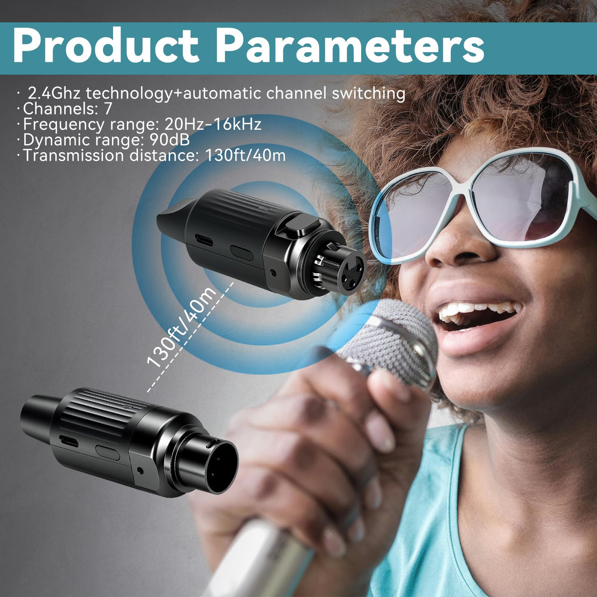 Wireless XLR Transmitter and Receiver for Microphones, 7-Channels 130ft Range, 2.4GHz Auto-Sync, Black Z370