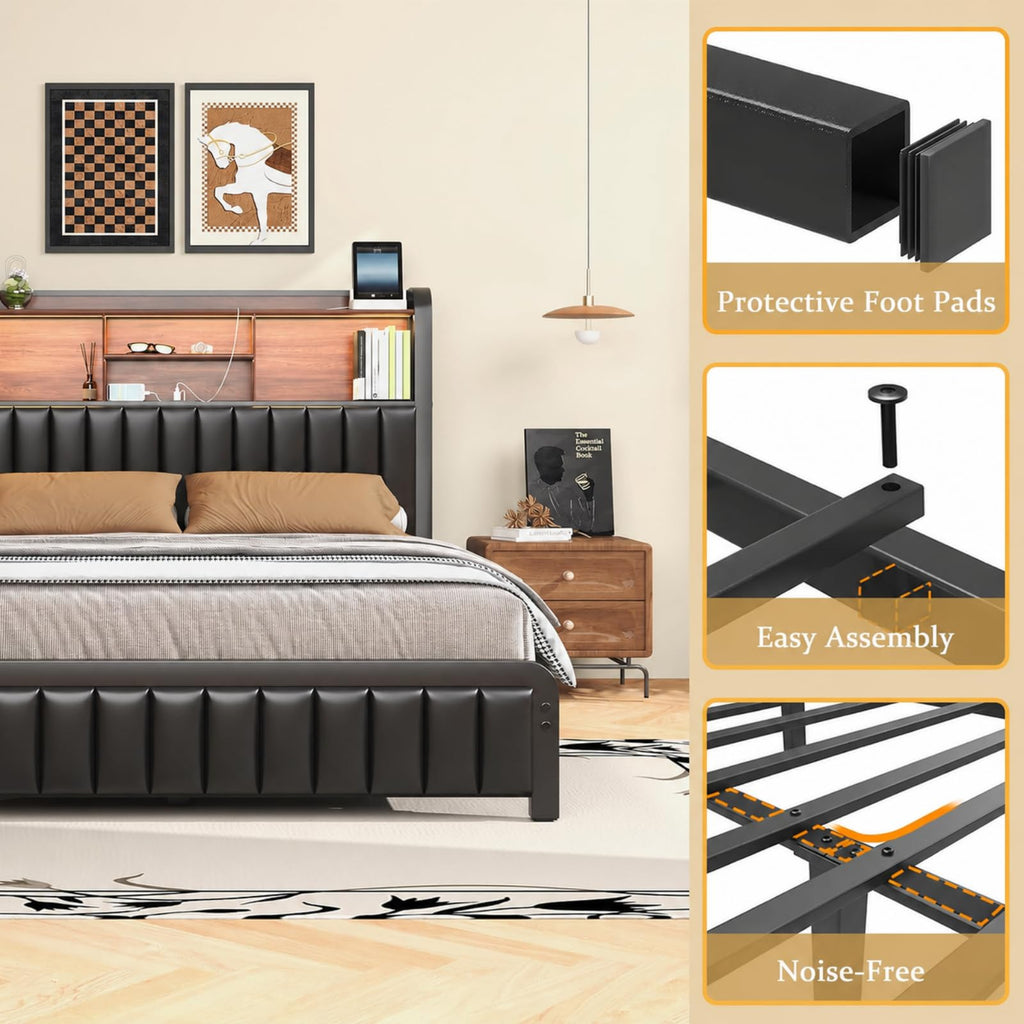 Black Full Size Bed Frame with Storage Headboard H69028
